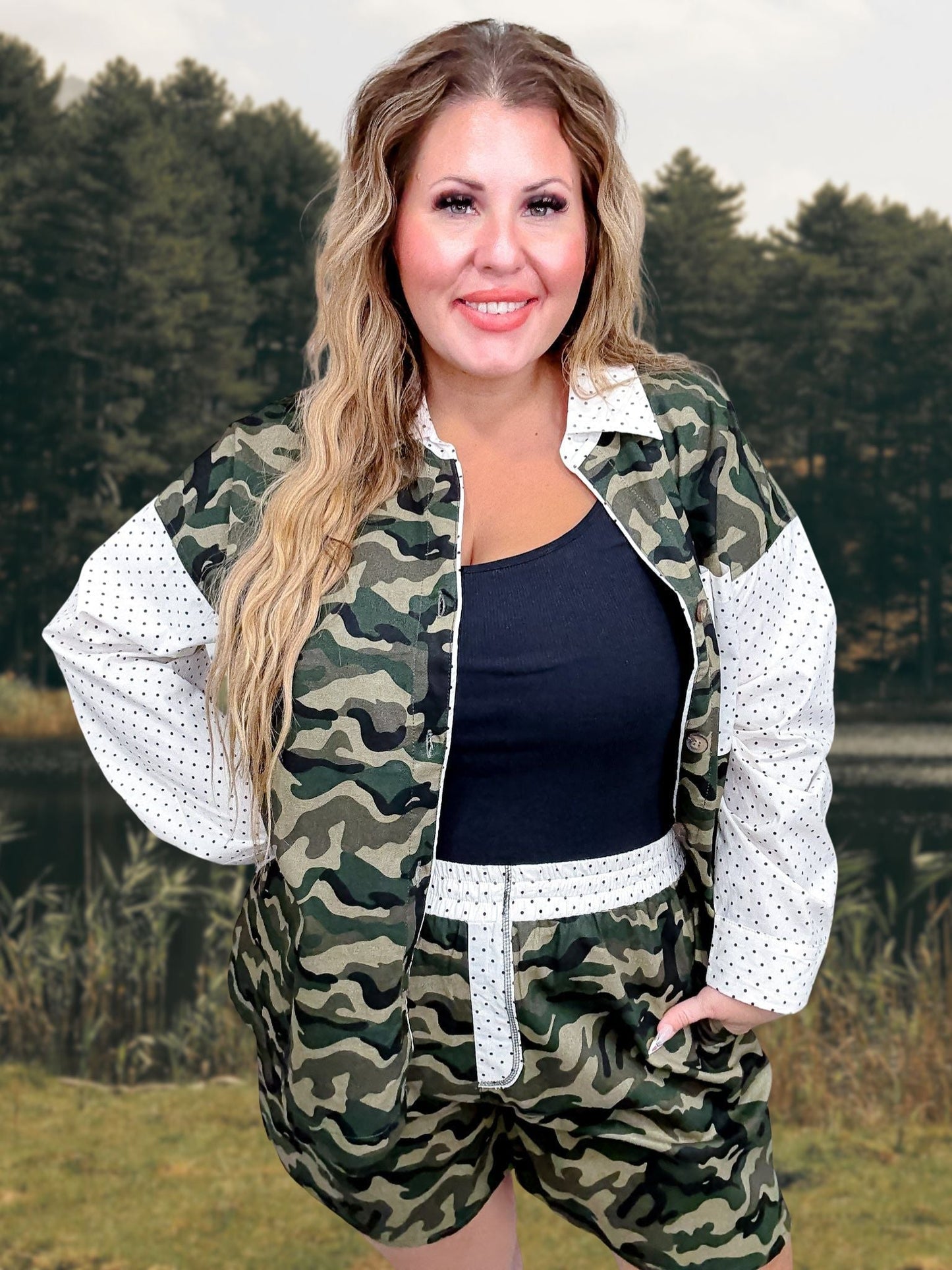 Camo & Polka Dot Printed Long Sleeve Shirt and Shorts Set - Whiskey Skies - ODDI