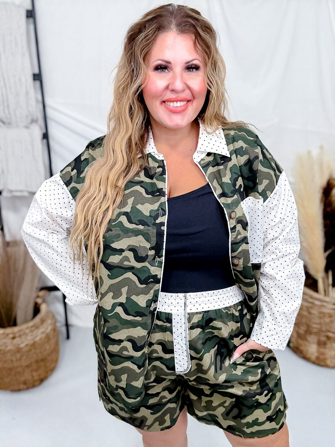 Camo & Polka Dot Printed Long Sleeve Shirt and Shorts Set - Whiskey Skies - ODDI