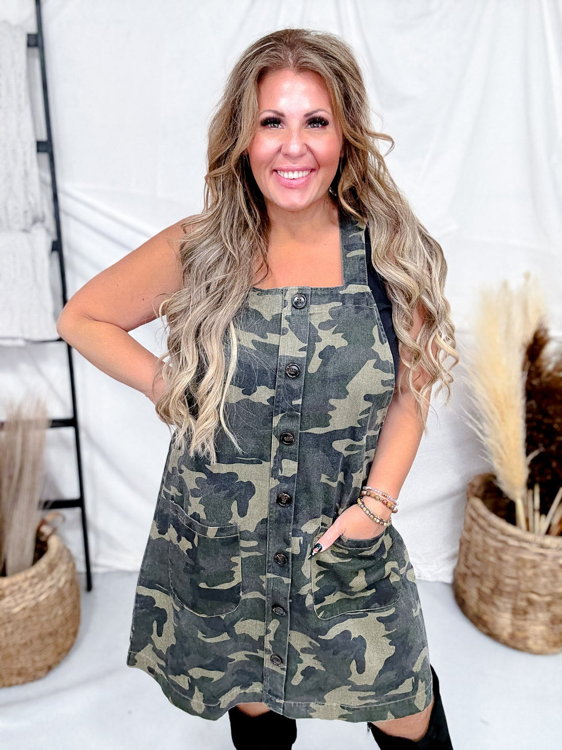 Camo Print Button Front Overall Dress - Whiskey Skies - ODDI