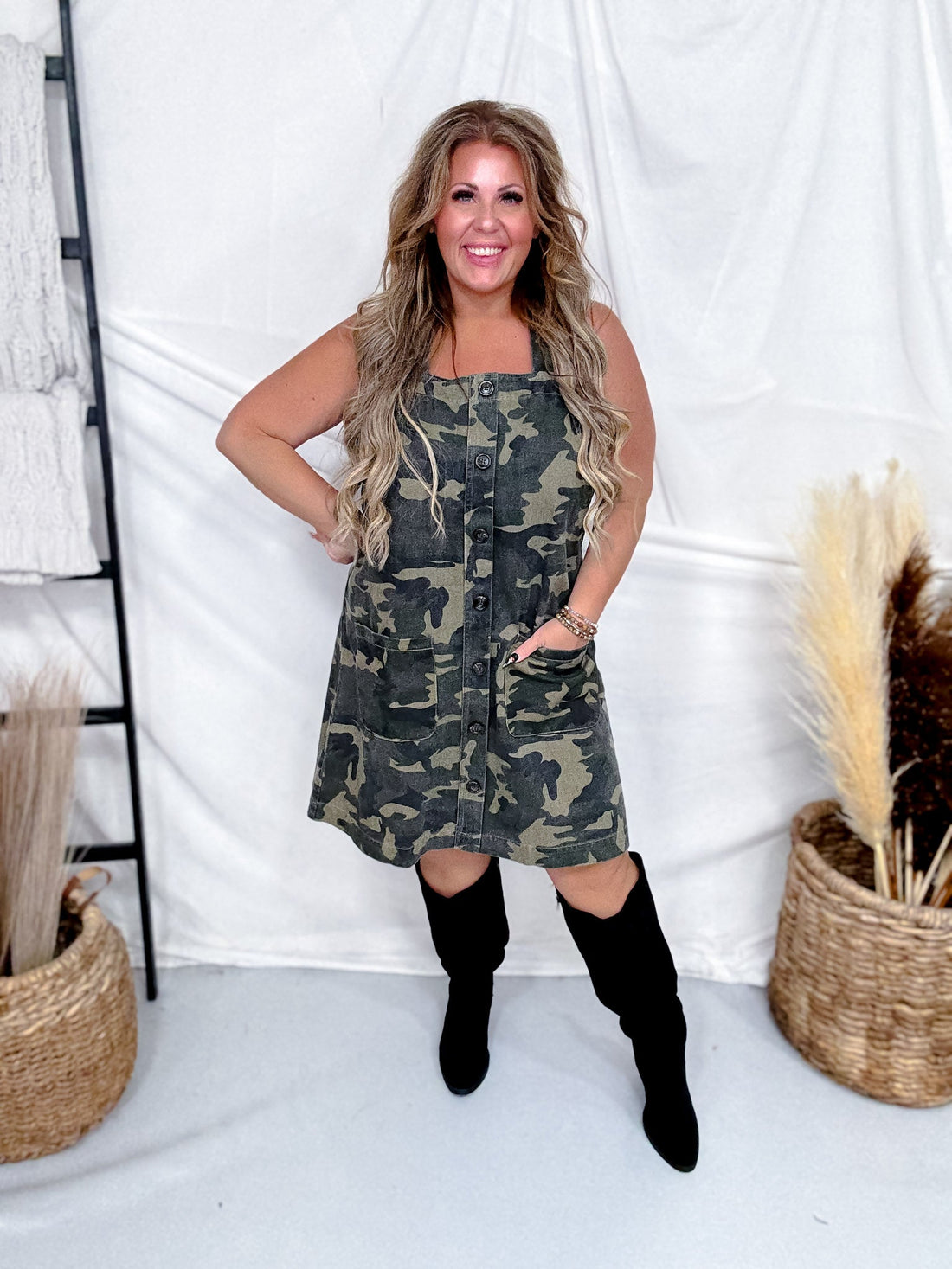 Camo Print Button Front Overall Dress - Whiskey Skies - ODDI