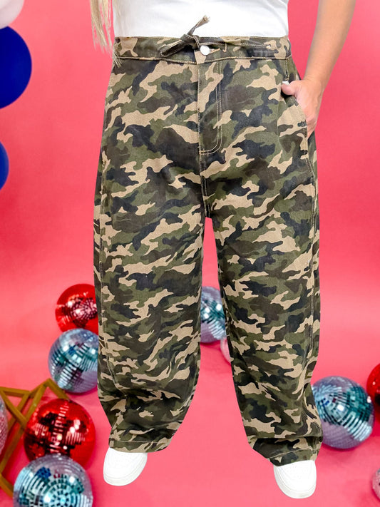 Camo Print High Waist Cropped Pants With Drawstring Waist - Whiskey Skies - BIBI