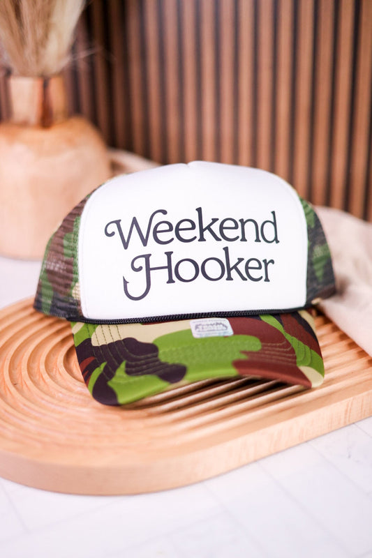 Camo Print Weekend Hooker Trucker Hat - Whiskey Skies - TRASH FLOWERS TRUCKER HATS