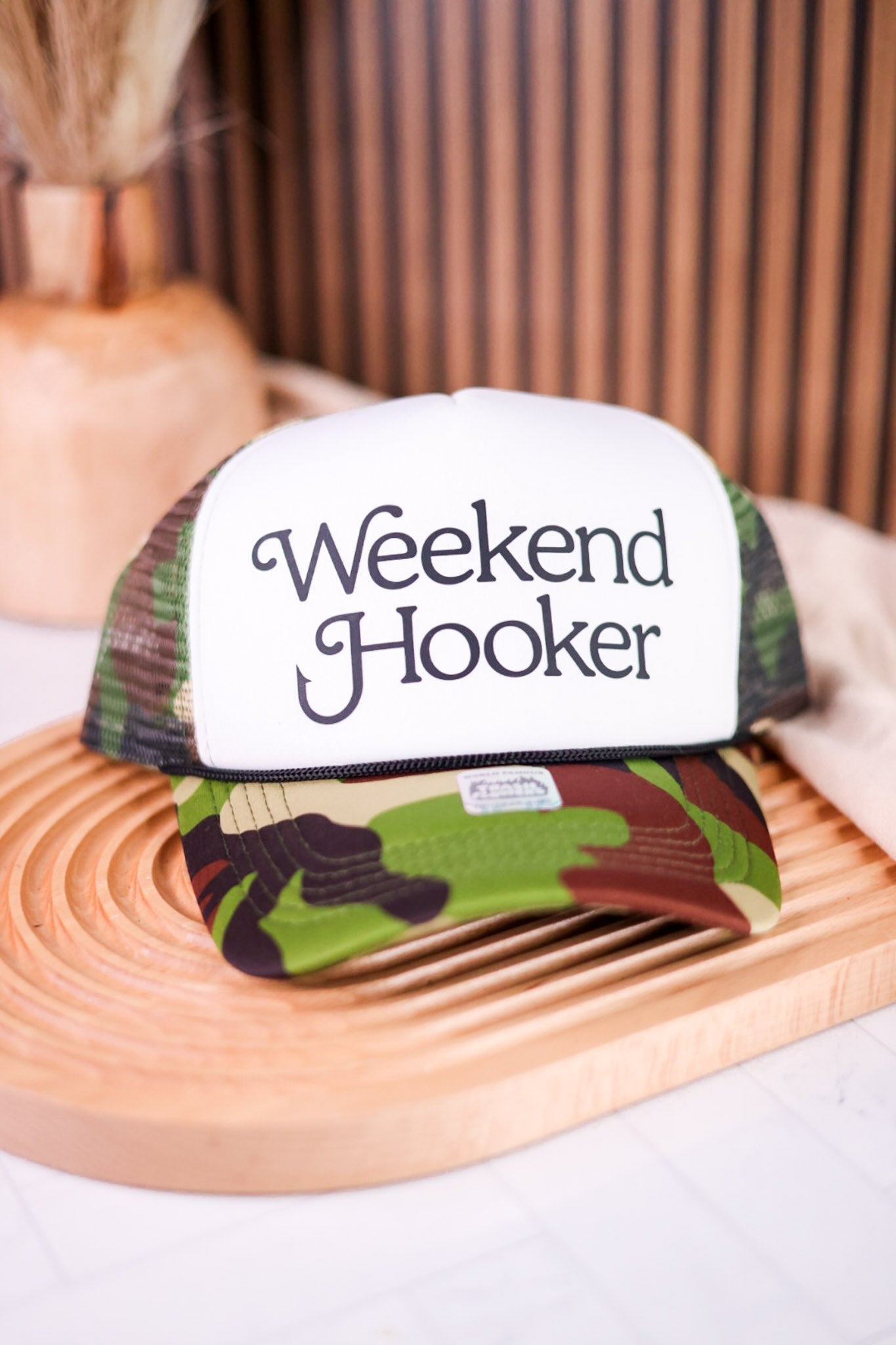 Camo Print Weekend Hooker Trucker Hat - Whiskey Skies - TRASH FLOWERS TRUCKER HATS