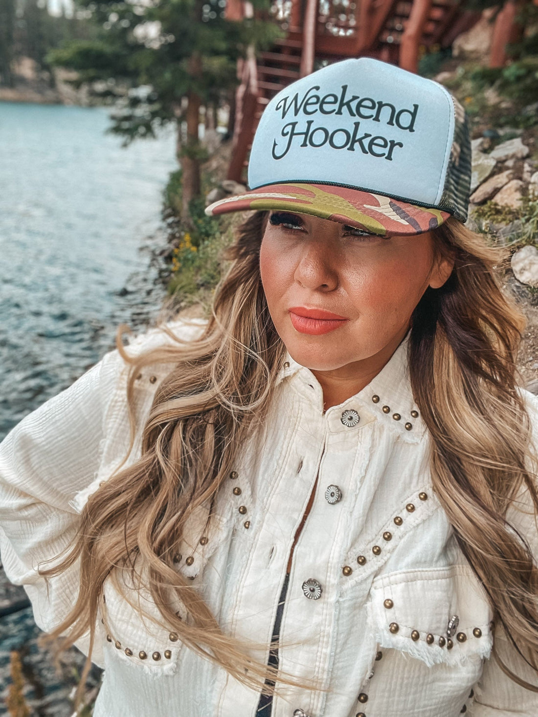 Camo Print Weekend Hooker Trucker Hat - Whiskey Skies - TRASH FLOWERS TRUCKER HATS