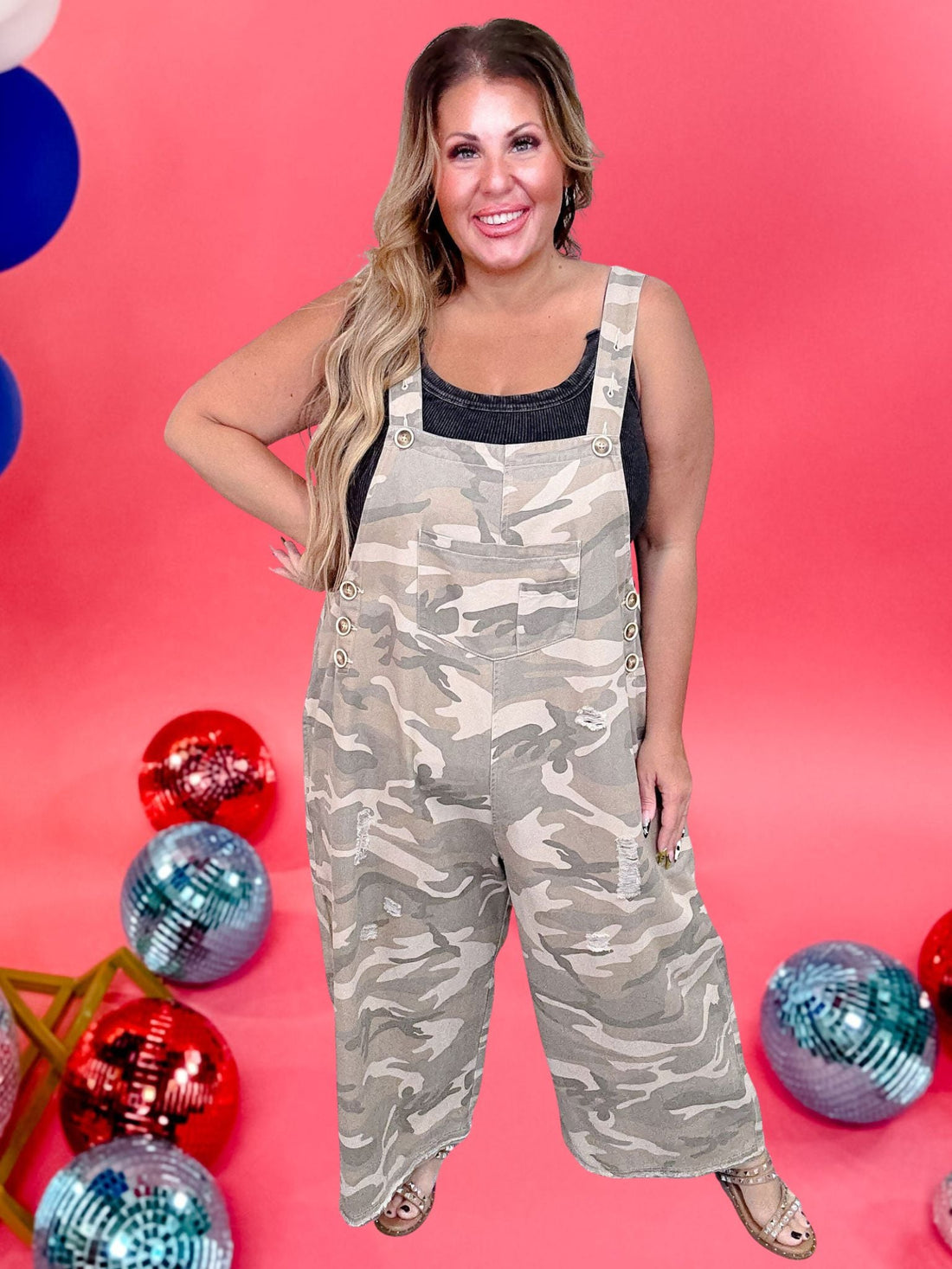 Camo Print Wide Leg Cropped Overalls - Whiskey Skies - BLUEVELVET