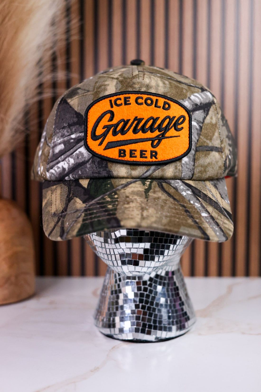 Camo Soft Crown Garage Beer Front Patch Trucker Hat - Whiskey Skies - AMERICAN NEEDLE