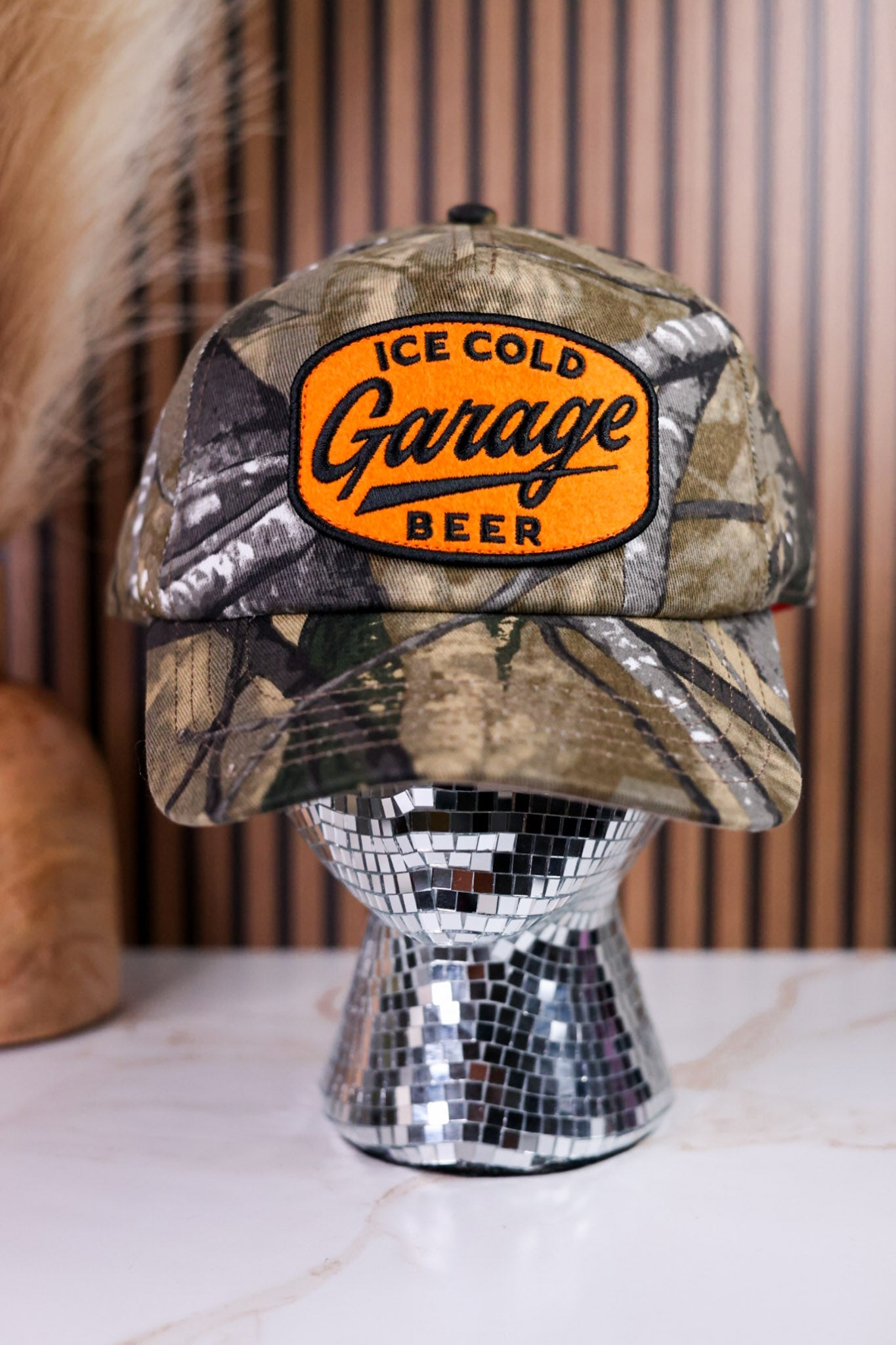 Camo Soft Crown Garage Beer Front Patch Trucker Hat - Whiskey Skies - AMERICAN NEEDLE