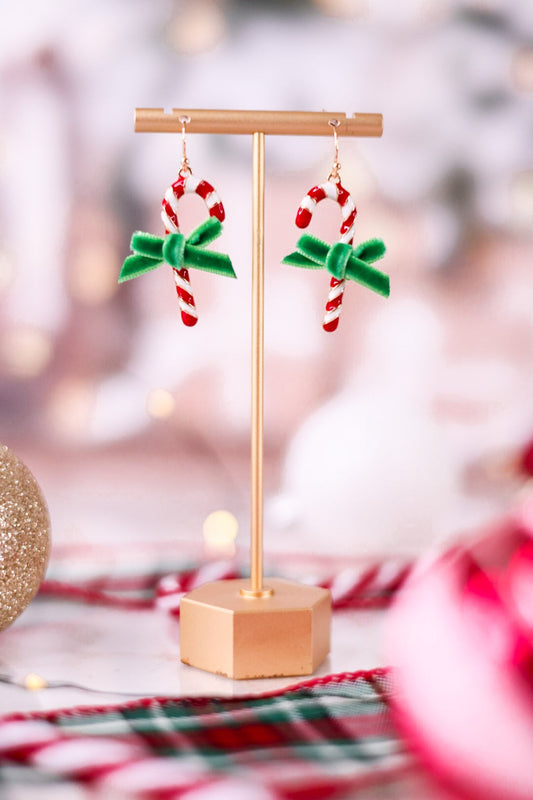 Candy Cane Earrings With Green Velvet Bows - Whiskey Skies - PERIWINKLE BY BARLOW