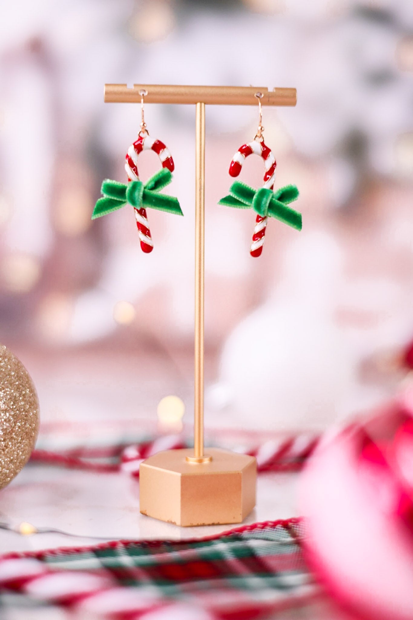 Candy Cane Earrings With Green Velvet Bows - Whiskey Skies - PERIWINKLE BY BARLOW