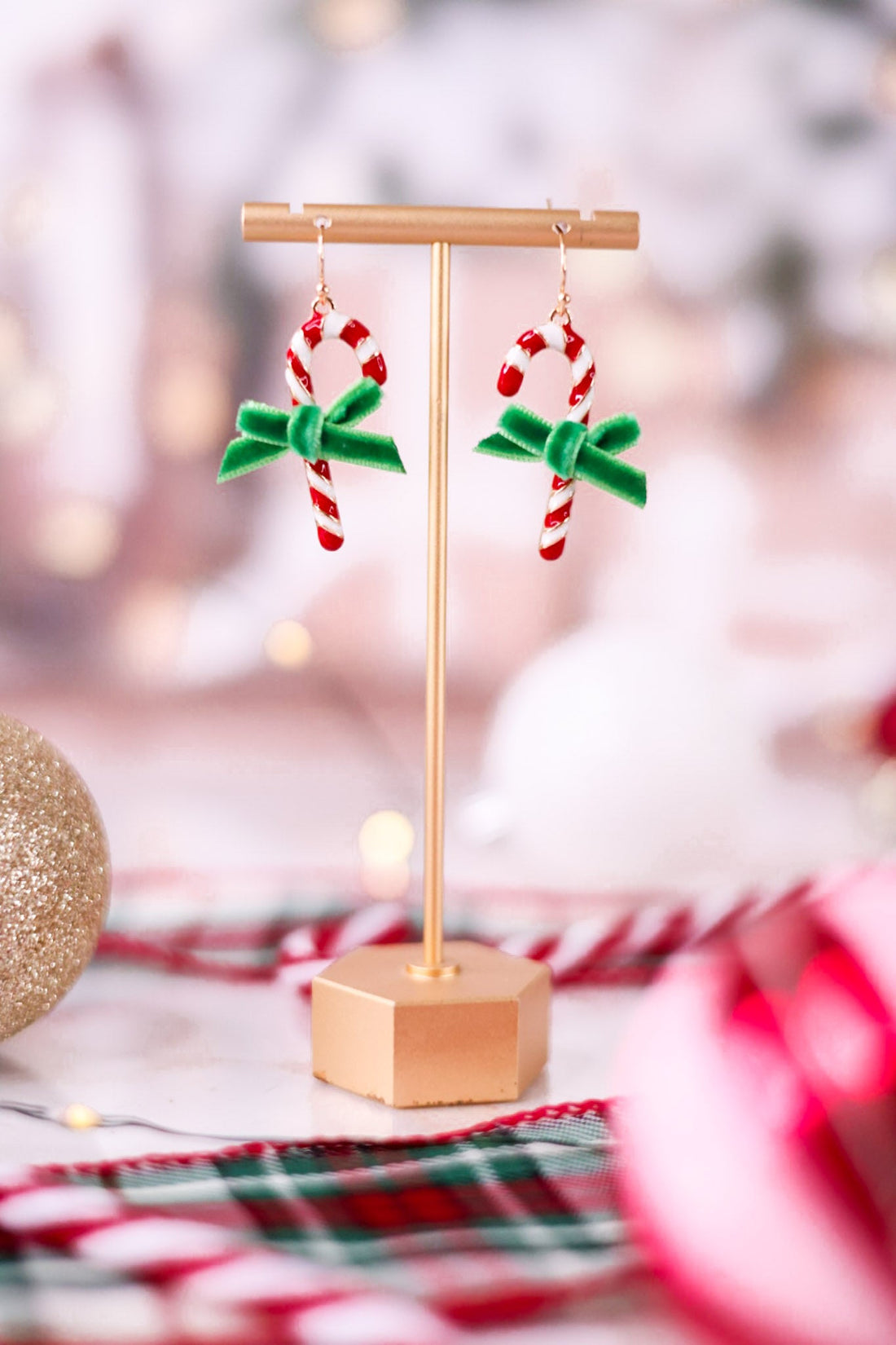 Candy Cane Earrings With Green Velvet Bows - Whiskey Skies - PERIWINKLE BY BARLOW