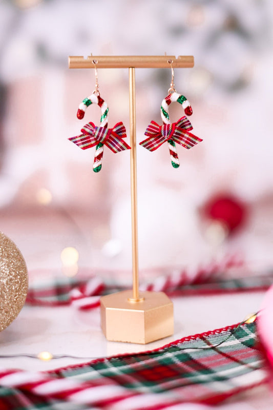 Candy Cane Earrings With Plaid Bows - Whiskey Skies - PERIWINKLE BY BARLOW