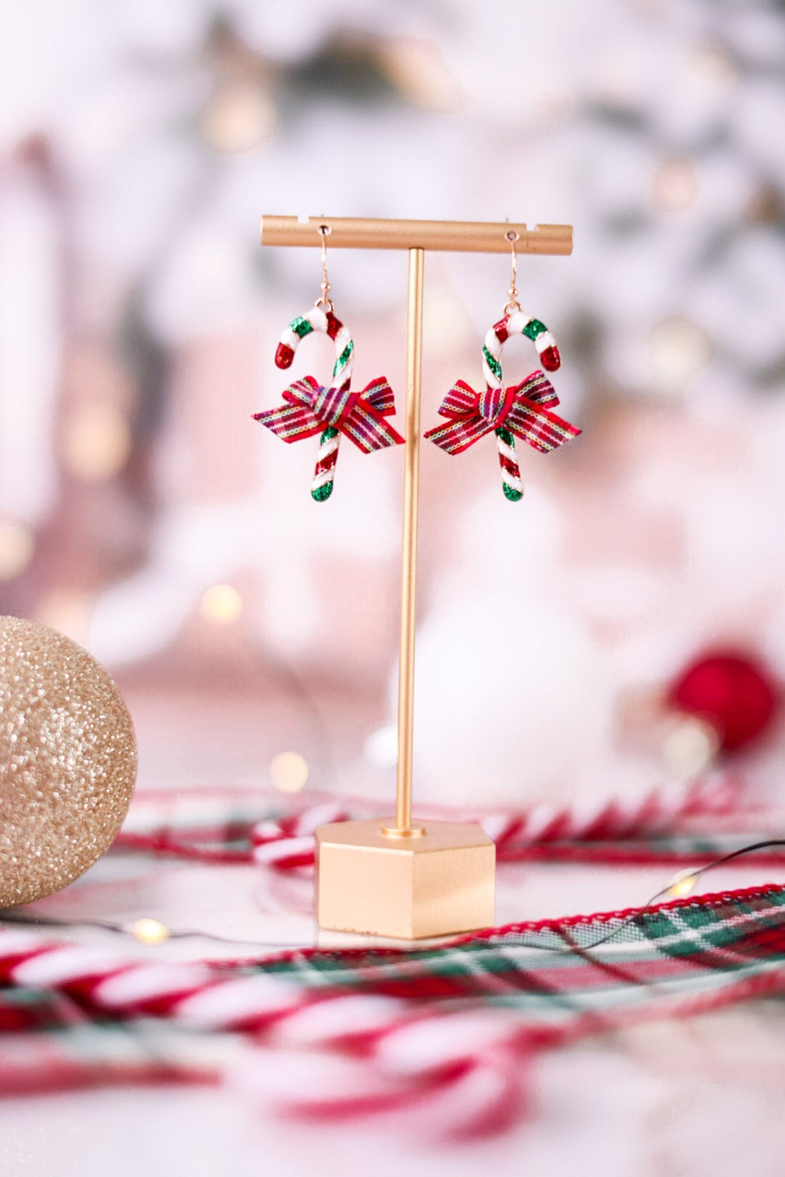 Candy Cane Earrings With Plaid Bows - Whiskey Skies - PERIWINKLE BY BARLOW