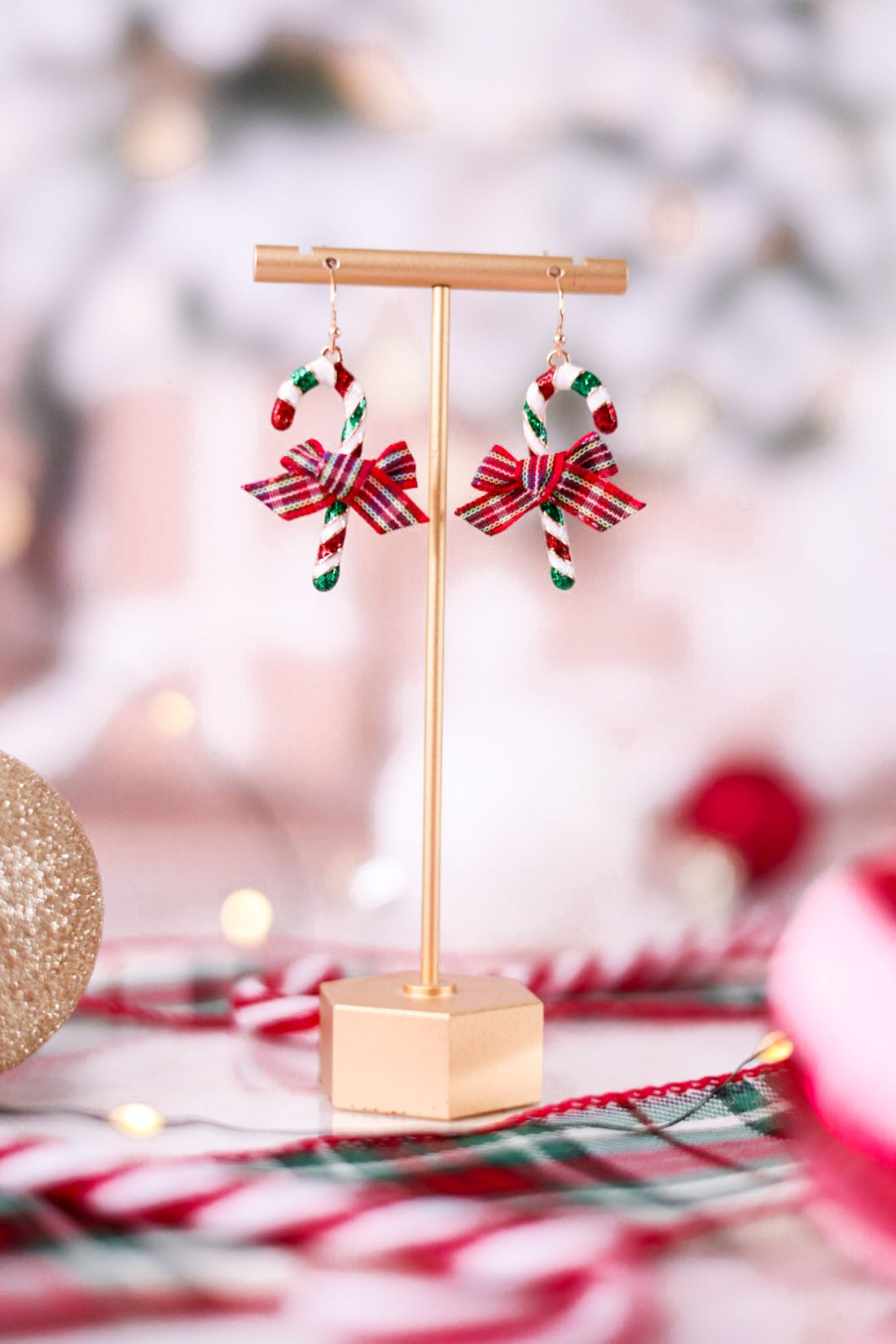 Candy Cane Earrings With Plaid Bows - Whiskey Skies - PERIWINKLE BY BARLOW