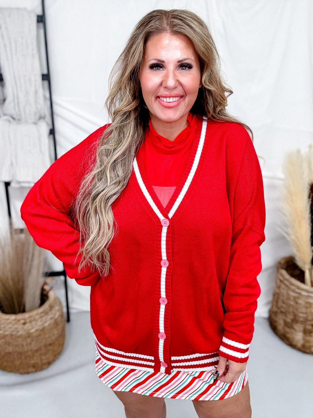 Candy Cane Red Long Sleeve Button Up Cardigan - Whiskey Skies - JESS LEA