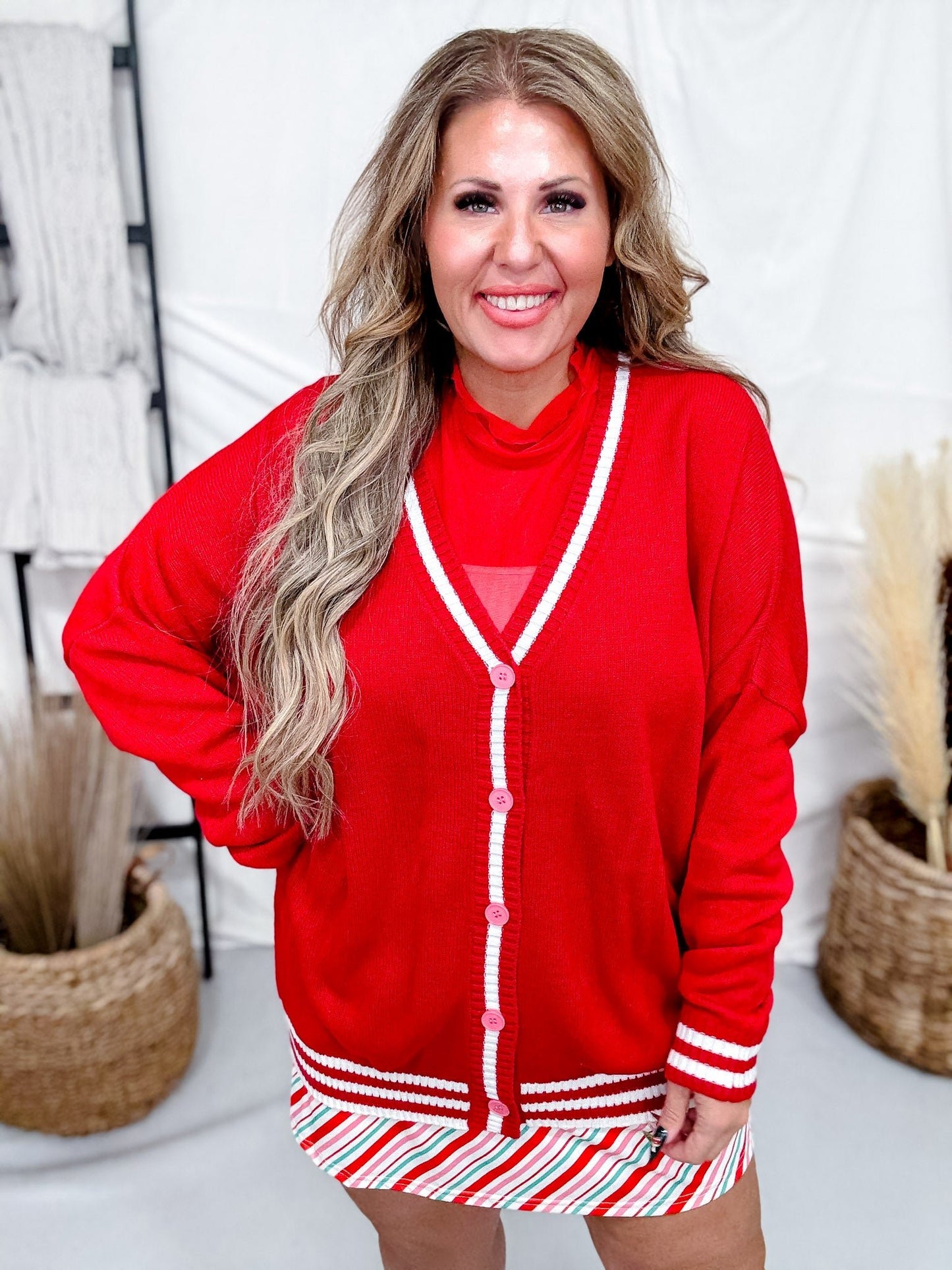 Candy Cane Red Long Sleeve Button Up Cardigan - Whiskey Skies - JESS LEA