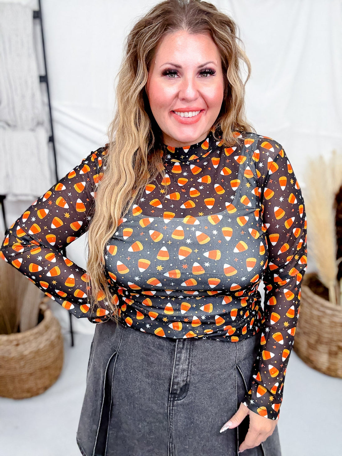 Candy Corn Long Sleeve Mesh Top - Whiskey Skies - STERLING KREEK