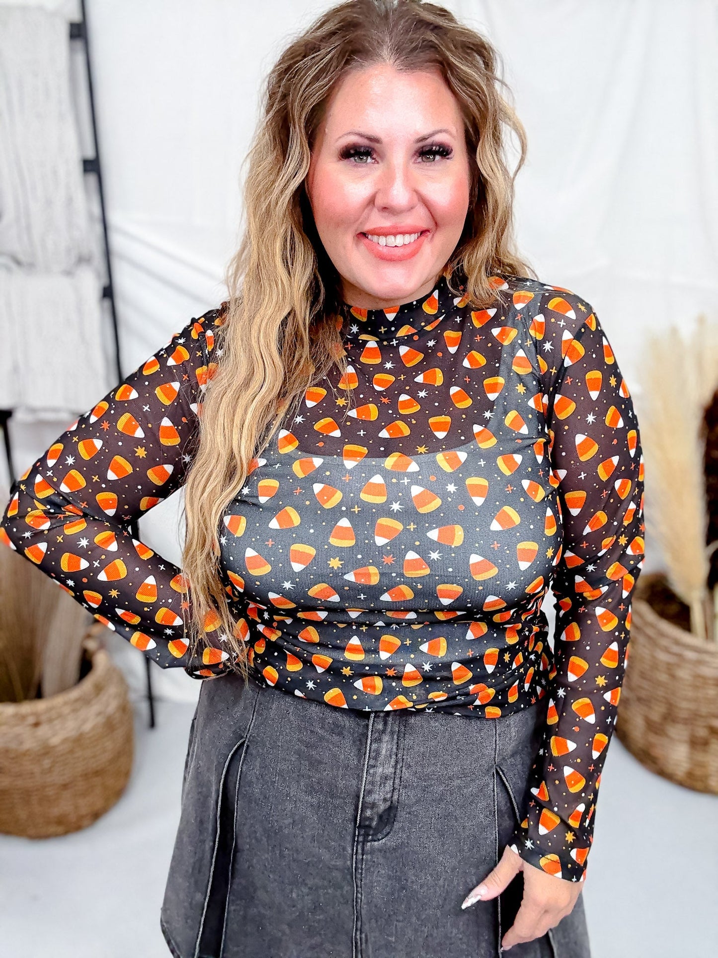 Candy Corn Long Sleeve Mesh Top - Whiskey Skies - STERLING KREEK