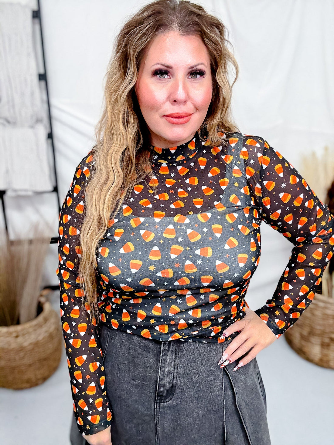 Candy Corn Long Sleeve Mesh Top - Whiskey Skies - STERLING KREEK