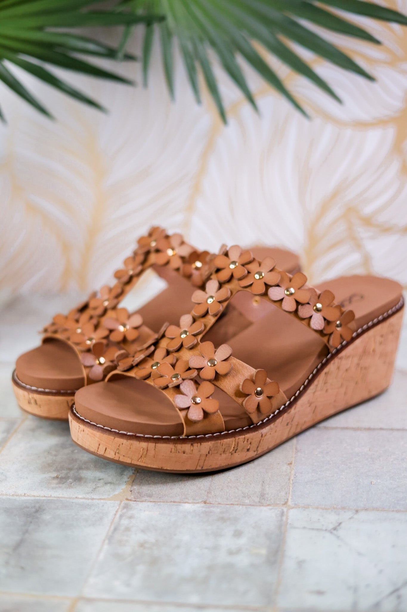 Caramel Wedge Sandals with Floral Straps - Whiskey Skies - CORKYS FOOTWEAR