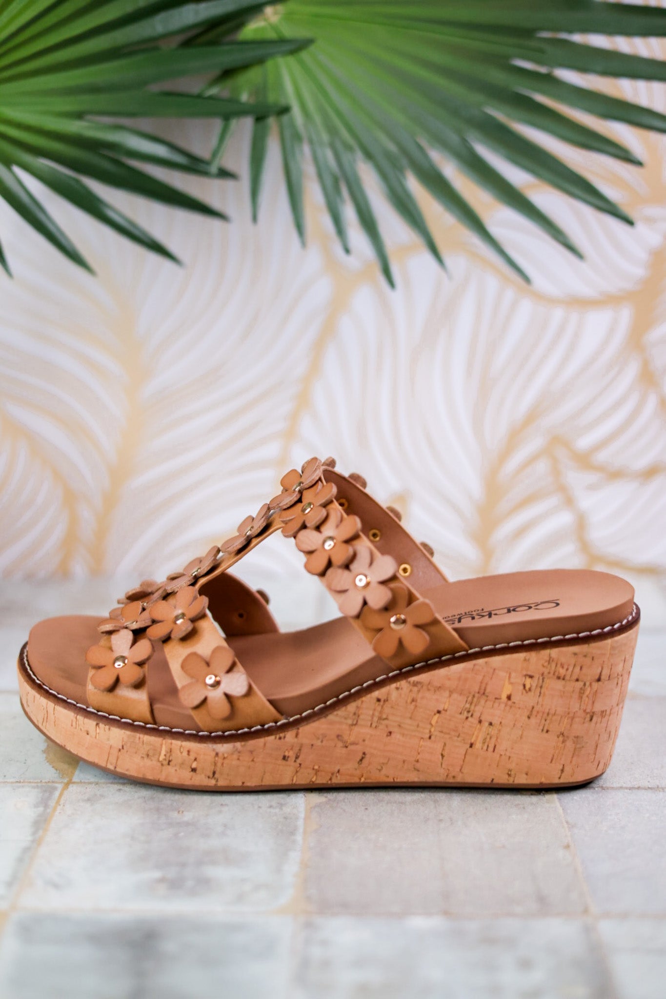 Caramel Wedge Sandals with Floral Straps - Whiskey Skies - CORKYS FOOTWEAR