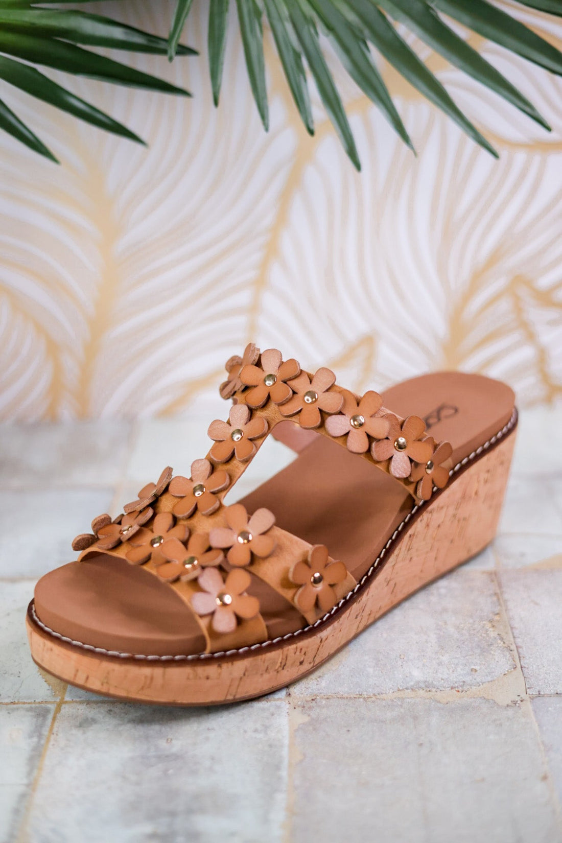 Caramel Wedge Sandals with Floral Straps - Whiskey Skies - CORKYS FOOTWEAR