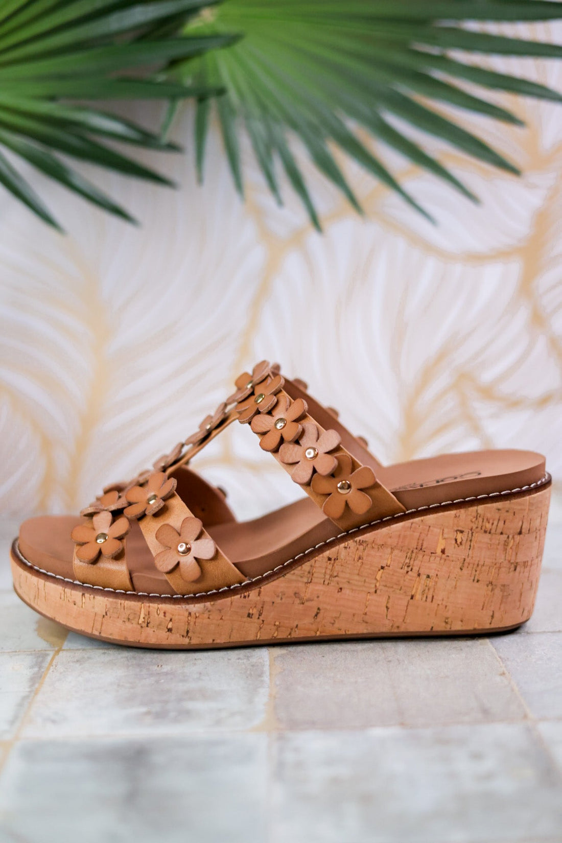 Caramel Wedge Sandals with Floral Straps - Whiskey Skies - CORKYS FOOTWEAR