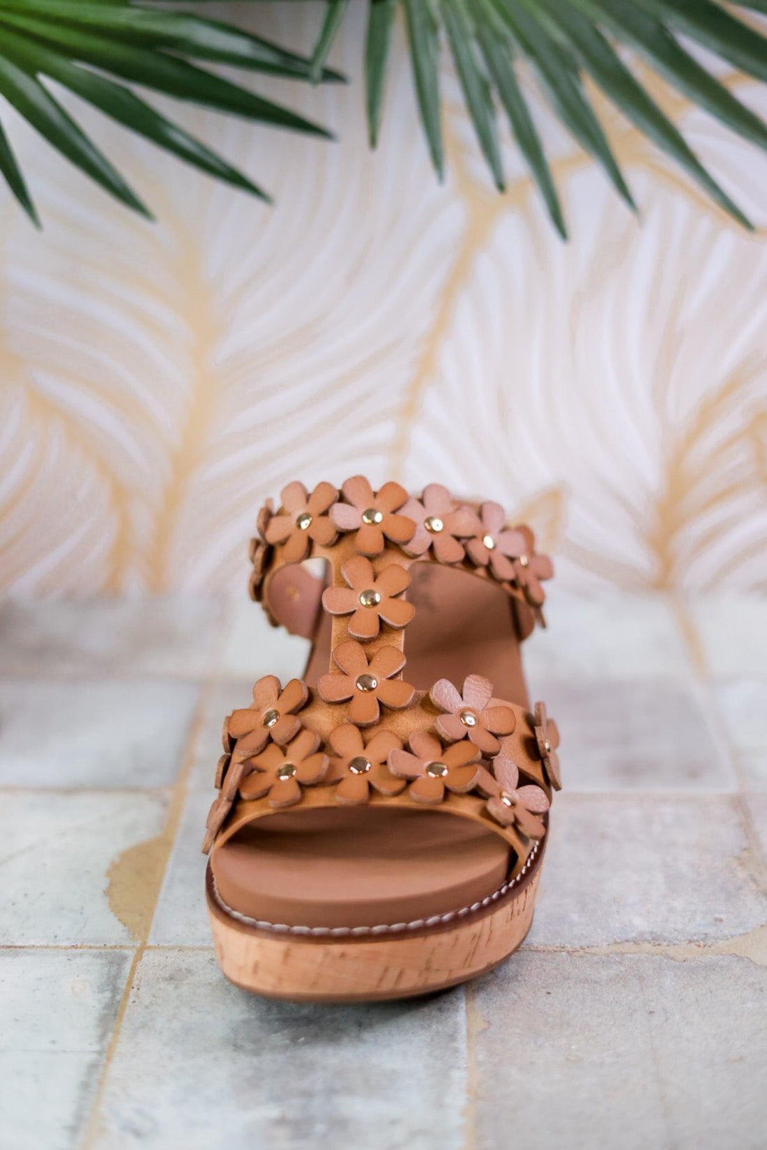 Caramel Wedge Sandals with Floral Straps - Whiskey Skies - CORKYS FOOTWEAR