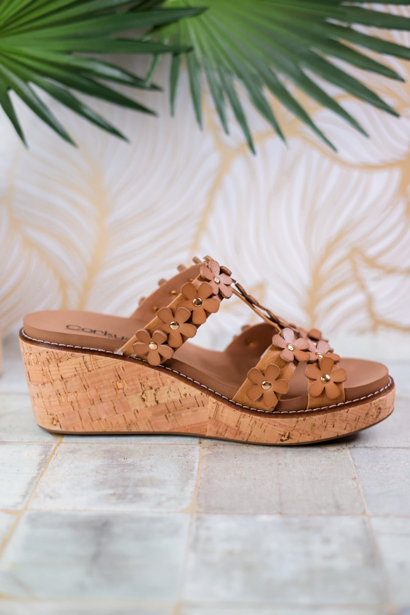 Caramel Wedge Sandals with Floral Straps - Whiskey Skies - CORKYS FOOTWEAR