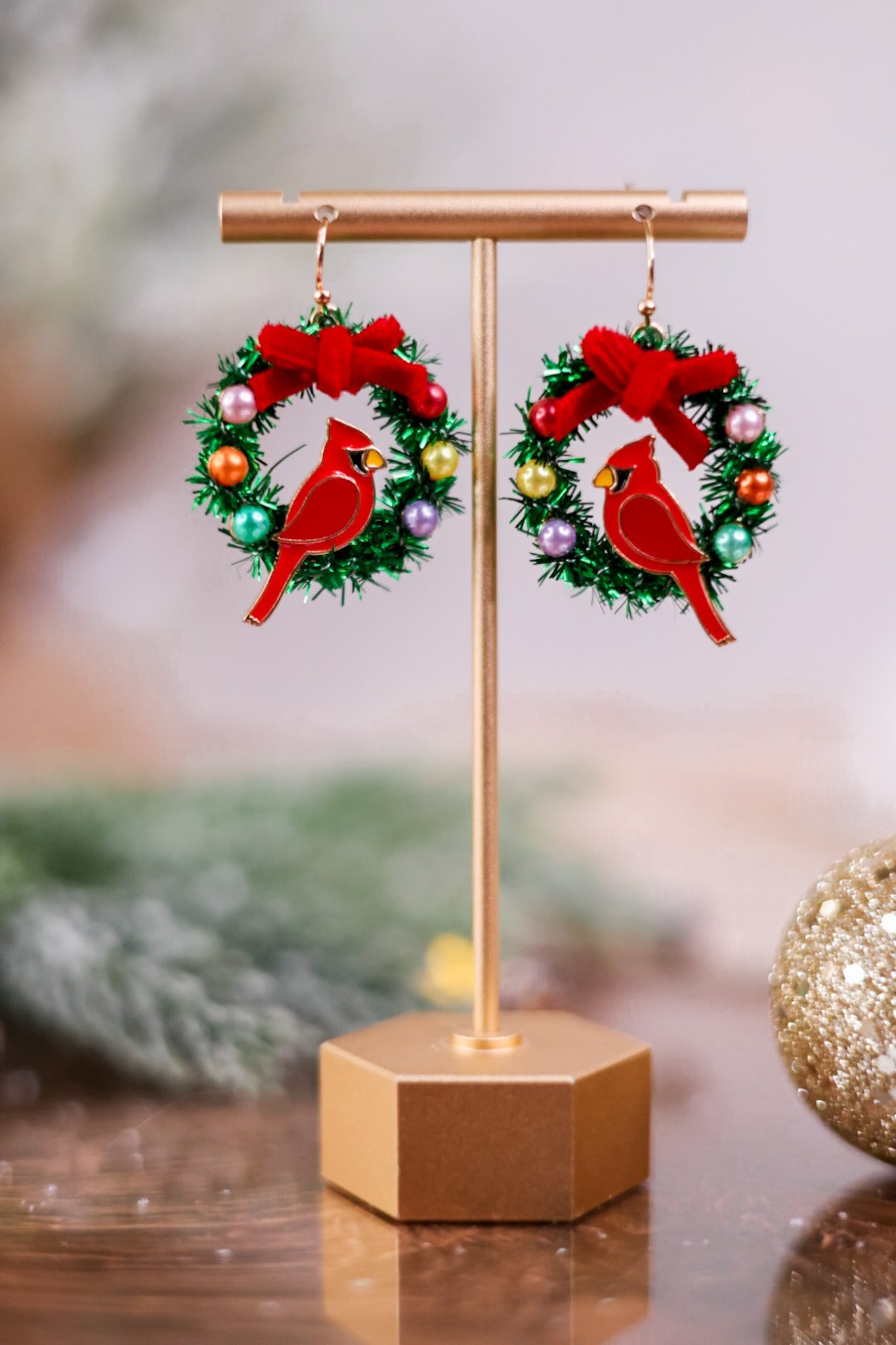 Cardinal on a Christmas Wreath Earrings - Whiskey Skies - PERIWINKLE BY BARLOW