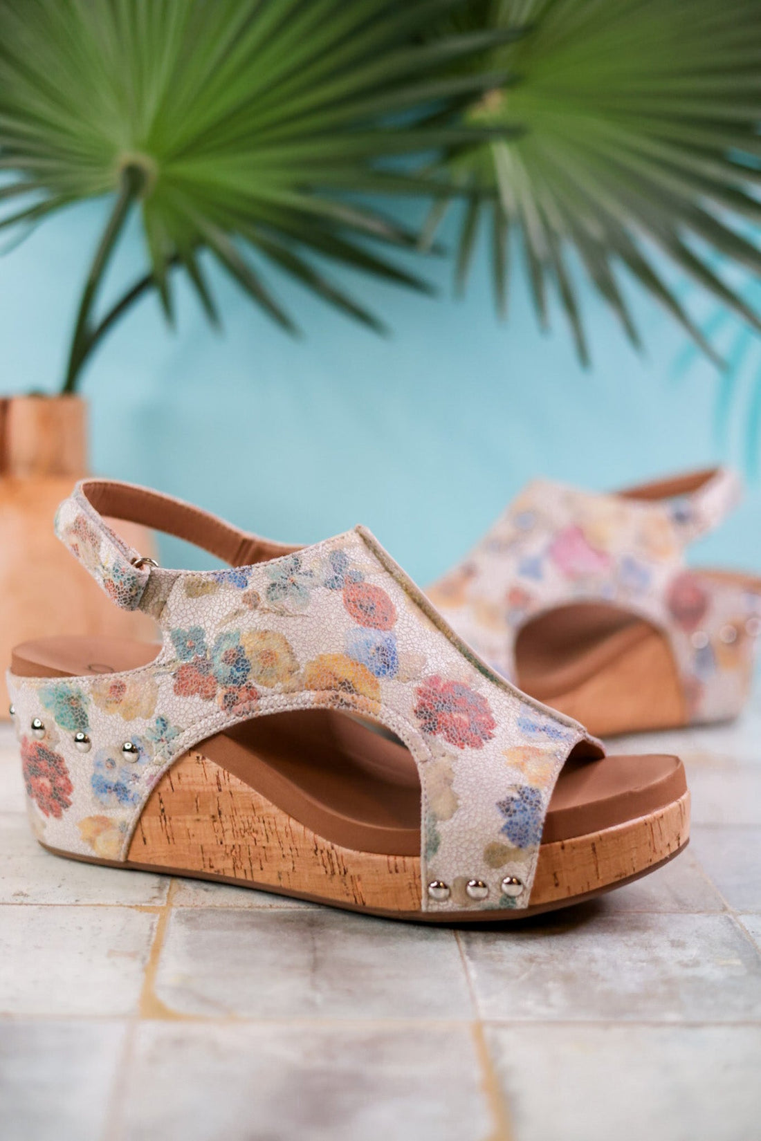Carley Putty Washed Floral Wedges - Whiskey Skies - CORKYS FOOTWEAR