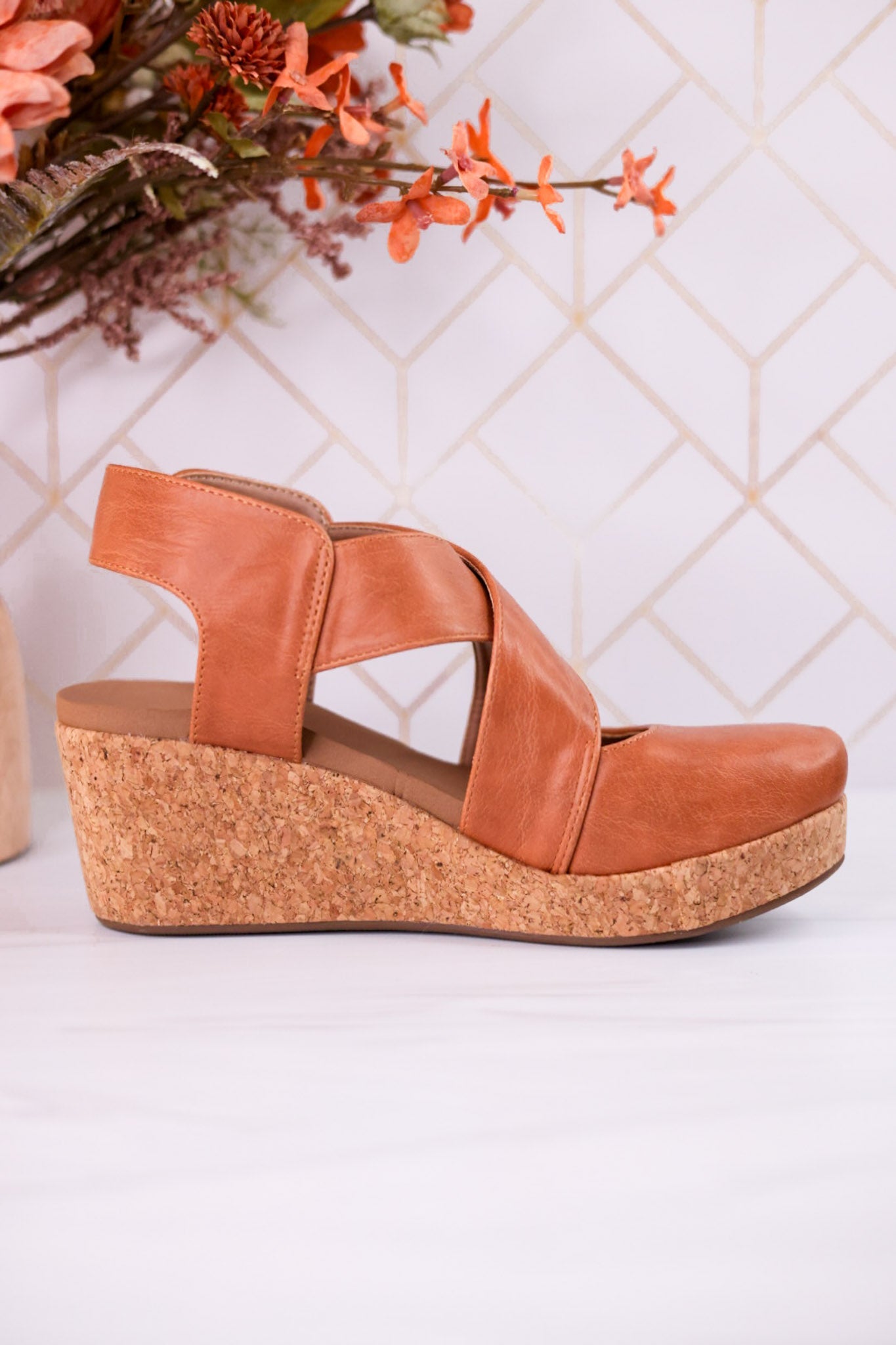 Case Closed Cognac Wedges - Whiskey Skies - CORKYS FOOTWEAR