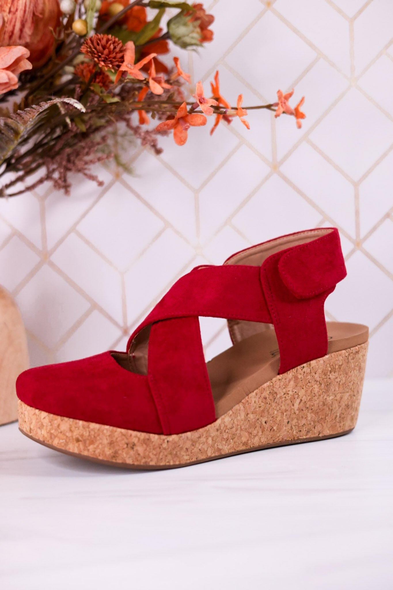 Case Closed Dark Red Wedges - Whiskey Skies - CORKYS FOOTWEAR