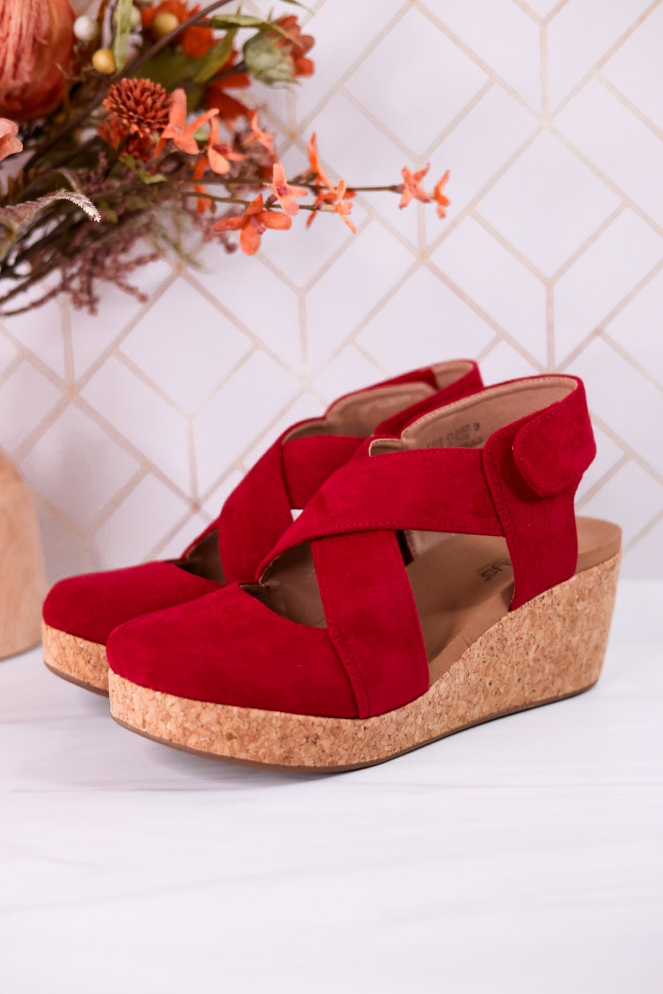 Case Closed Dark Red Wedges - Whiskey Skies - CORKYS FOOTWEAR