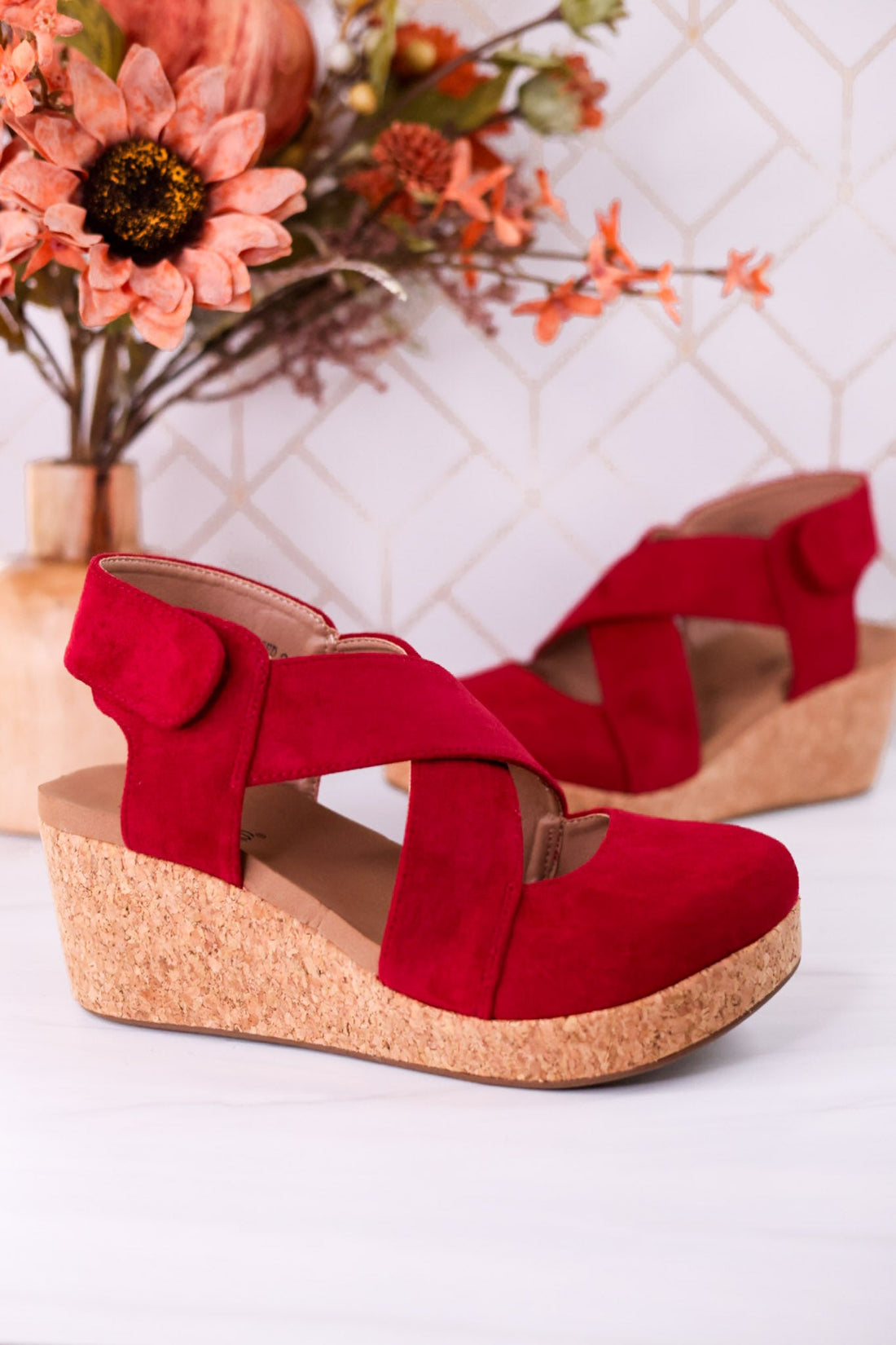 Case Closed Dark Red Wedges - Whiskey Skies - CORKYS FOOTWEAR