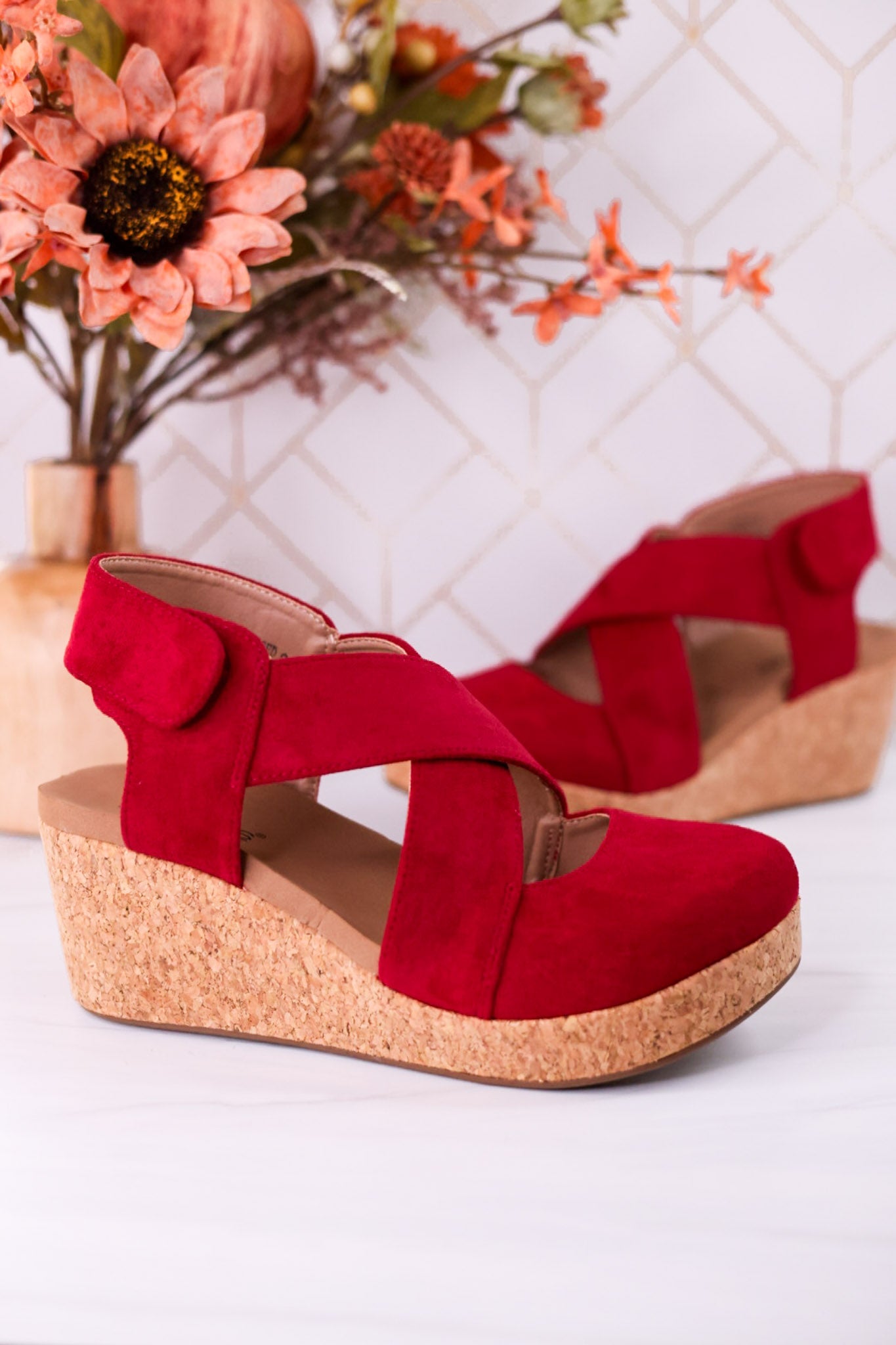 Case Closed Dark Red Wedges - Whiskey Skies - CORKYS FOOTWEAR