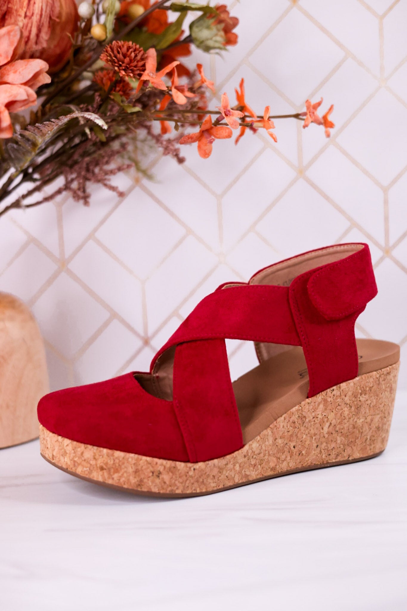 Case Closed Dark Red Wedges - Whiskey Skies - CORKYS FOOTWEAR