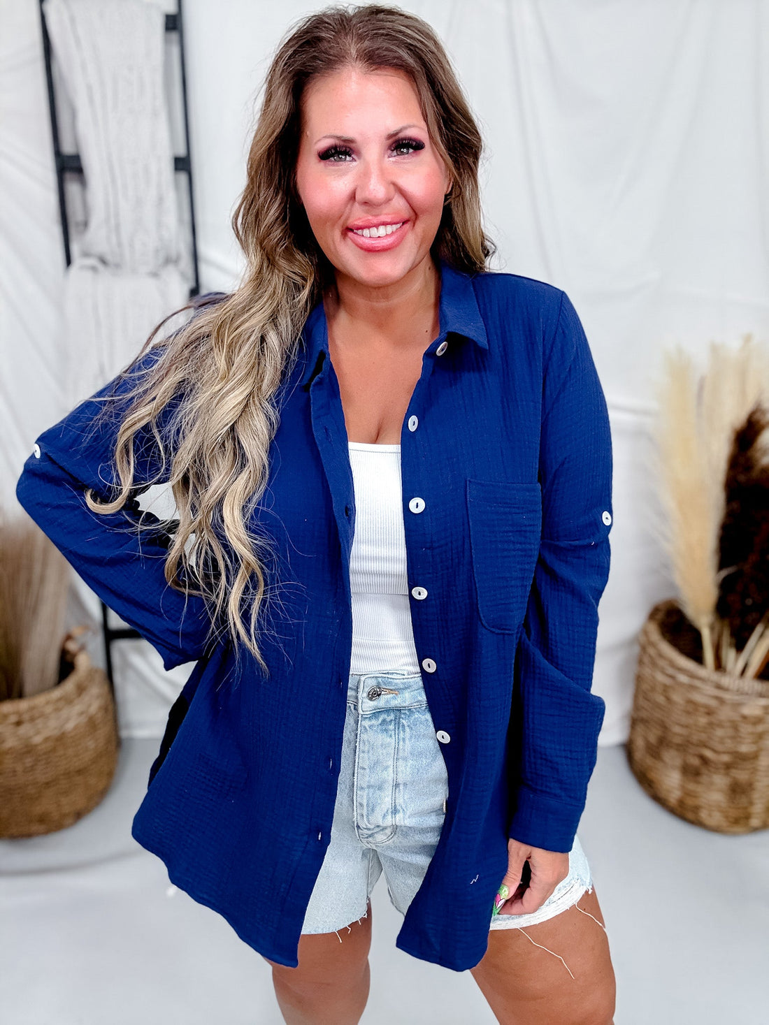 Celia Button Down Lightweight Long Sleeve Top (4 Colors) - Whiskey Skies - DEAR SCARLETT