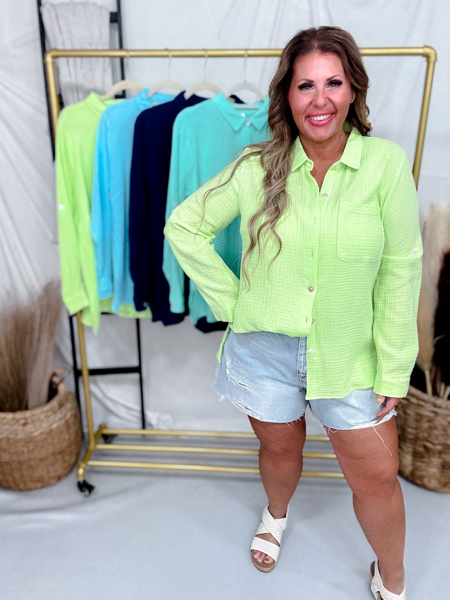 Celia Button Down Lightweight Long Sleeve Top (4 Colors) - Whiskey Skies - DEAR SCARLETT