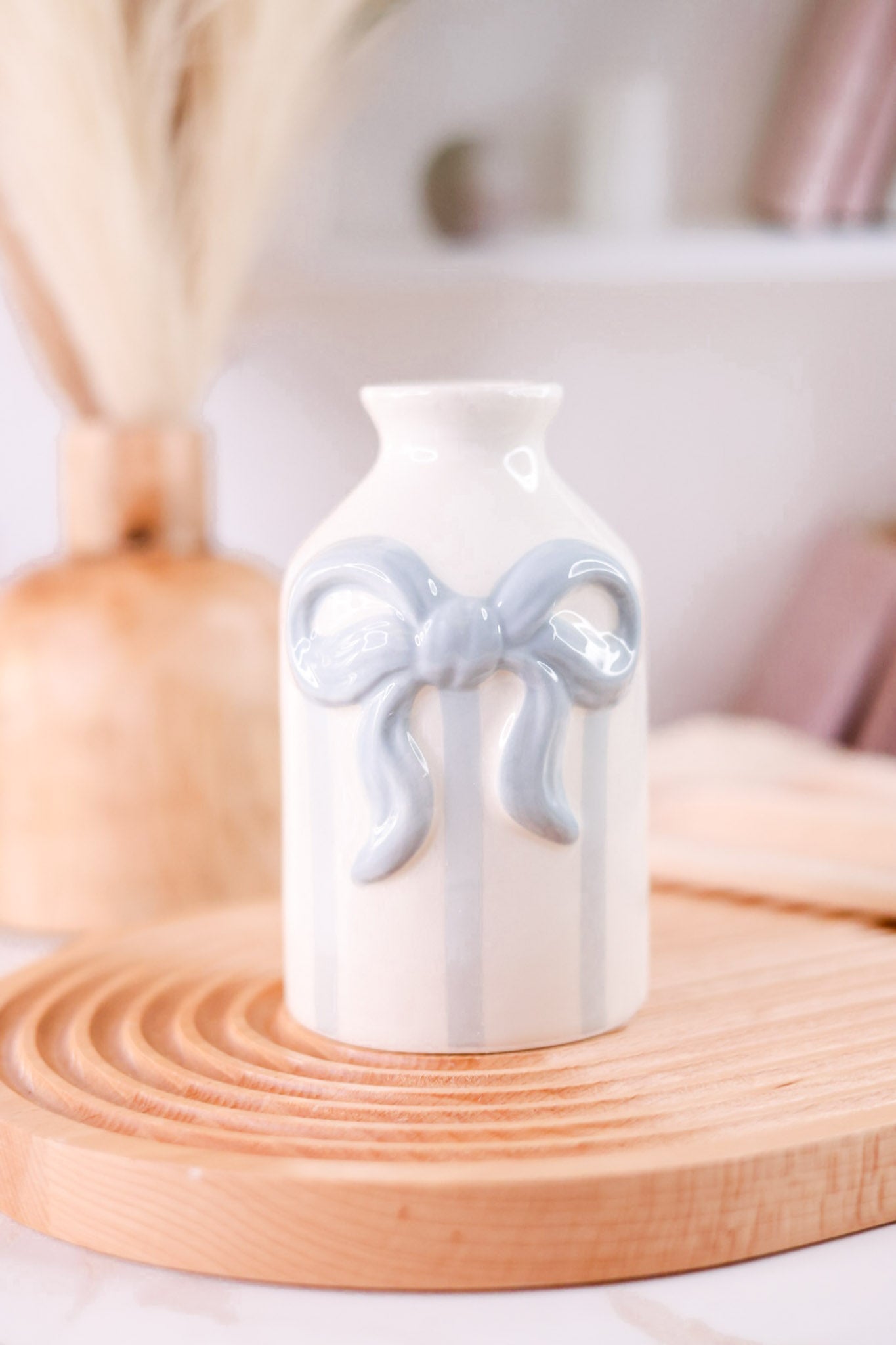 Ceramic Blue & White Striped Bud Vase With Bow Accent - Whiskey Skies - MUD PIE