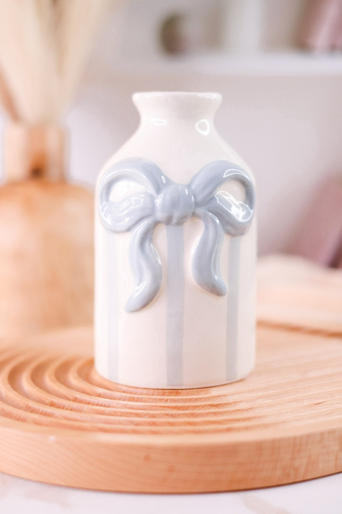 Ceramic Blue & White Striped Bud Vase With Bow Accent - Whiskey Skies - MUD PIE