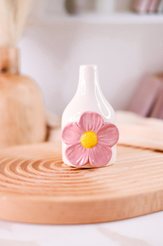 Ceramic Bud Vase With Pink Flower - Whiskey Skies - MUD PIE