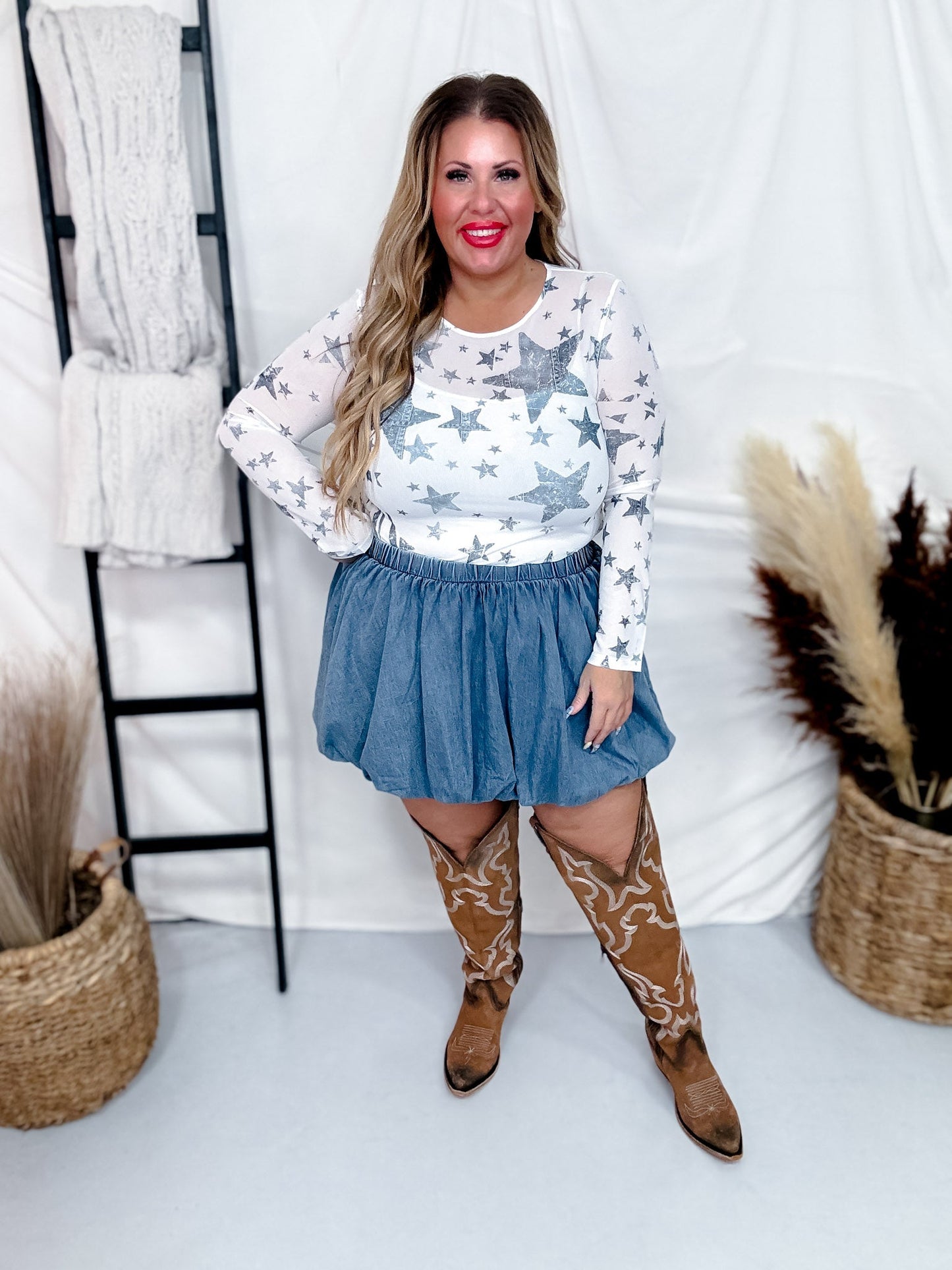 Chambray Denim Mini Skirt W/ Elastic Waist - Whiskey Skies - SWEET GENERIS