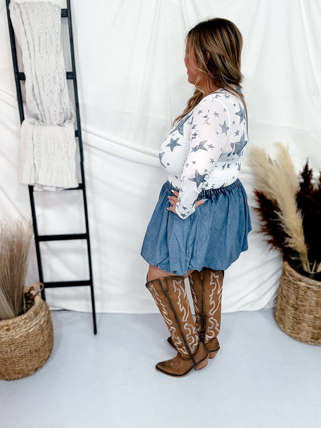 Chambray Denim Mini Skirt W/ Elastic Waist - Whiskey Skies - SWEET GENERIS