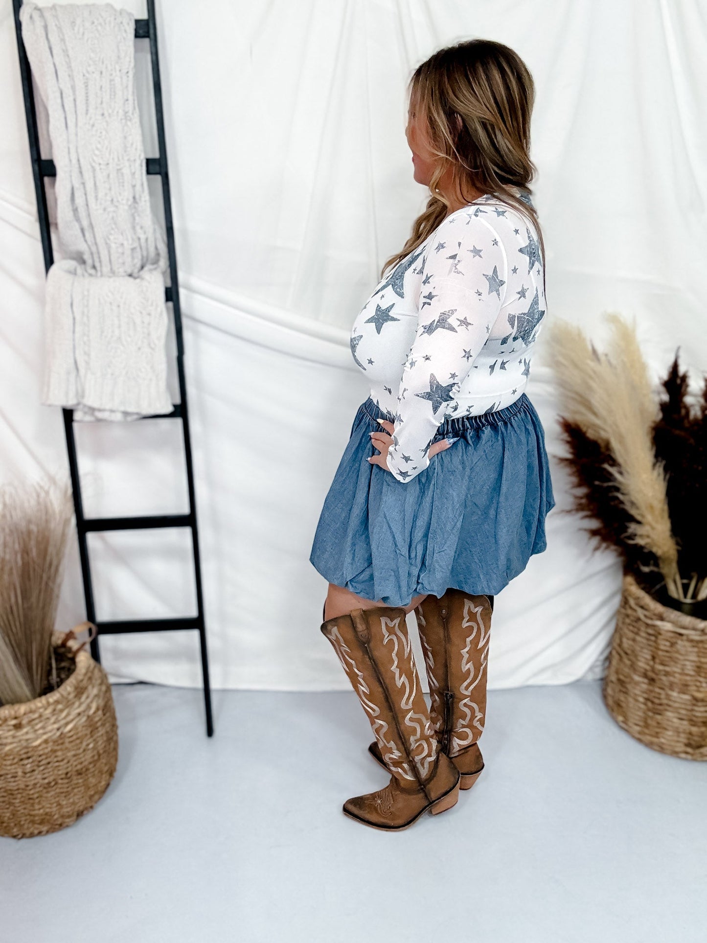 Chambray Denim Mini Skirt W/ Elastic Waist - Whiskey Skies - SWEET GENERIS