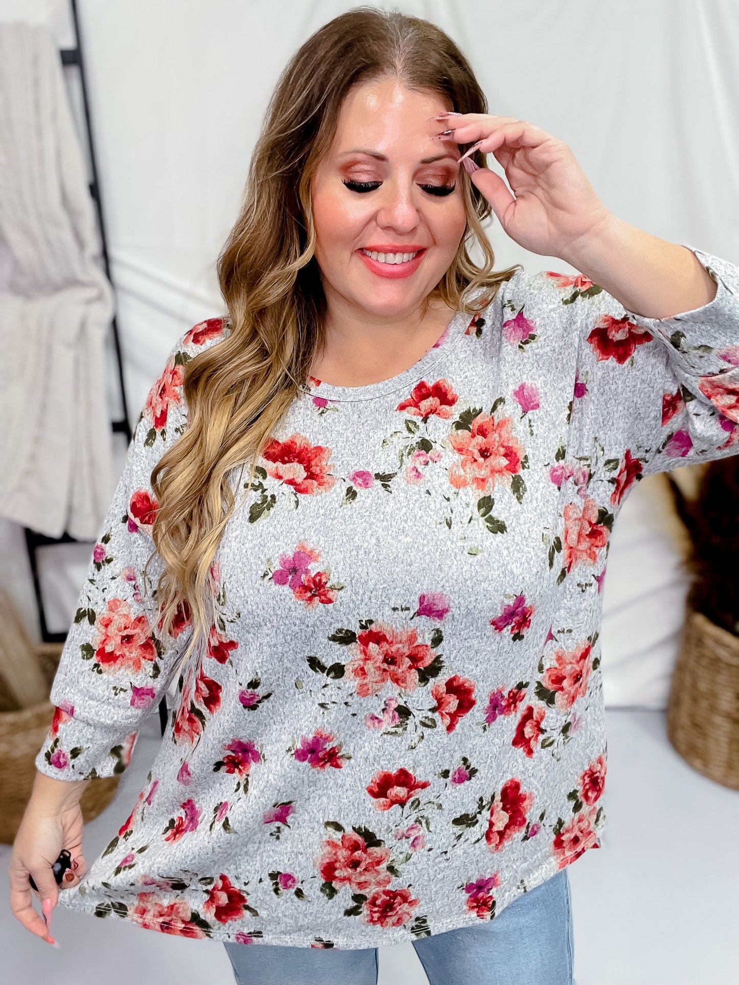 Charcoal Floral Print 3/4 Sleeve Top - Whiskey Skies - DEAR SCARLETT