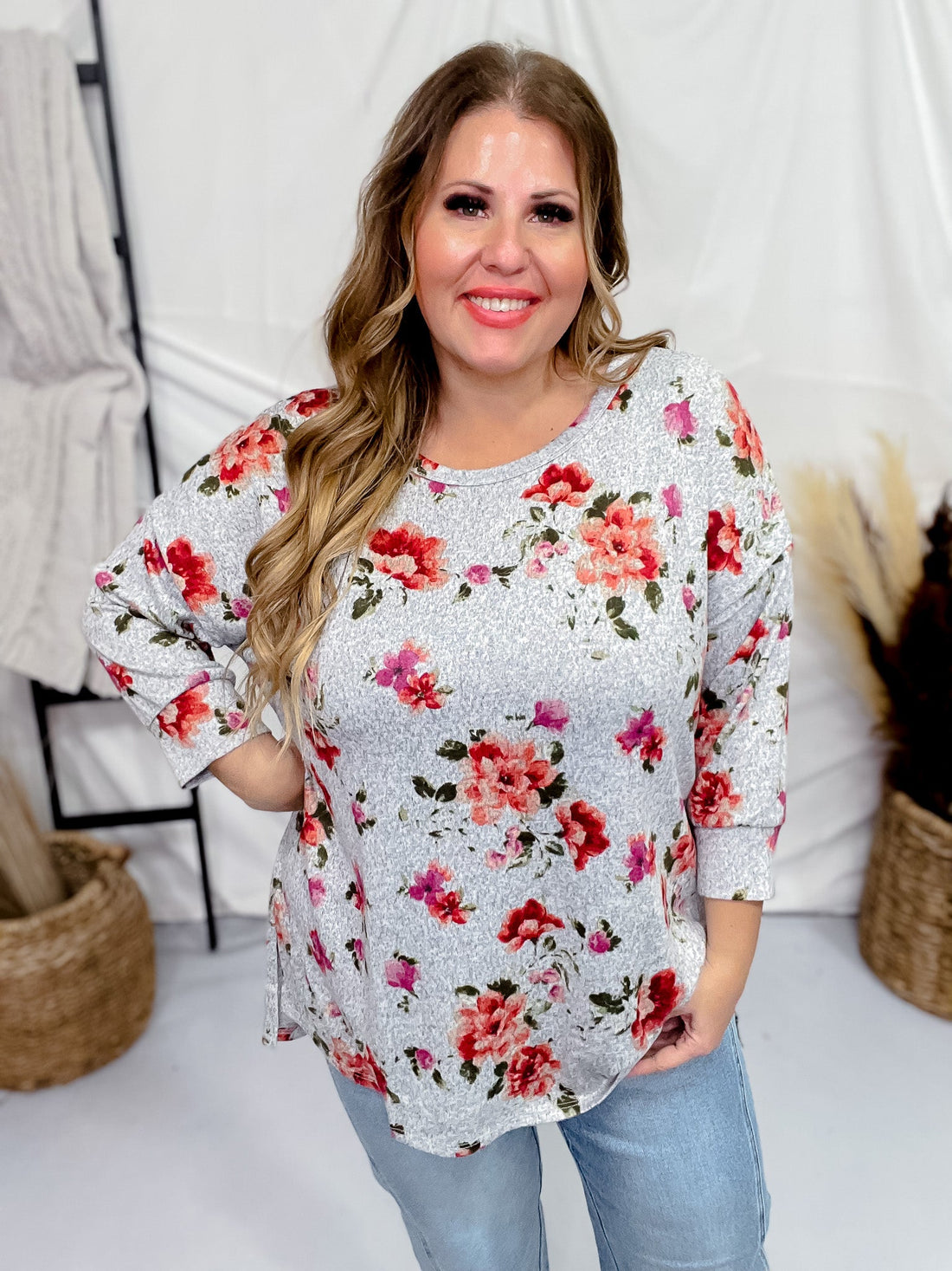 Charcoal Floral Print 3/4 Sleeve Top - Whiskey Skies - DEAR SCARLETT