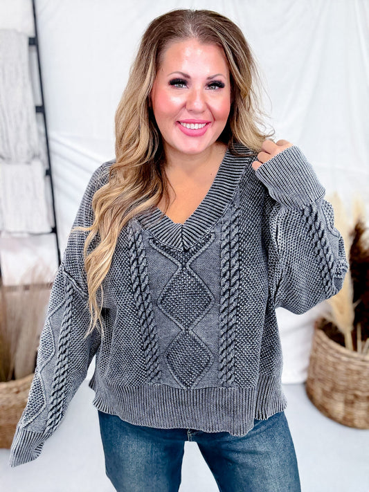 Charcoal Gray Vintage Vibe Cable Knit Sweater - Whiskey Skies - SWEET GENERIS