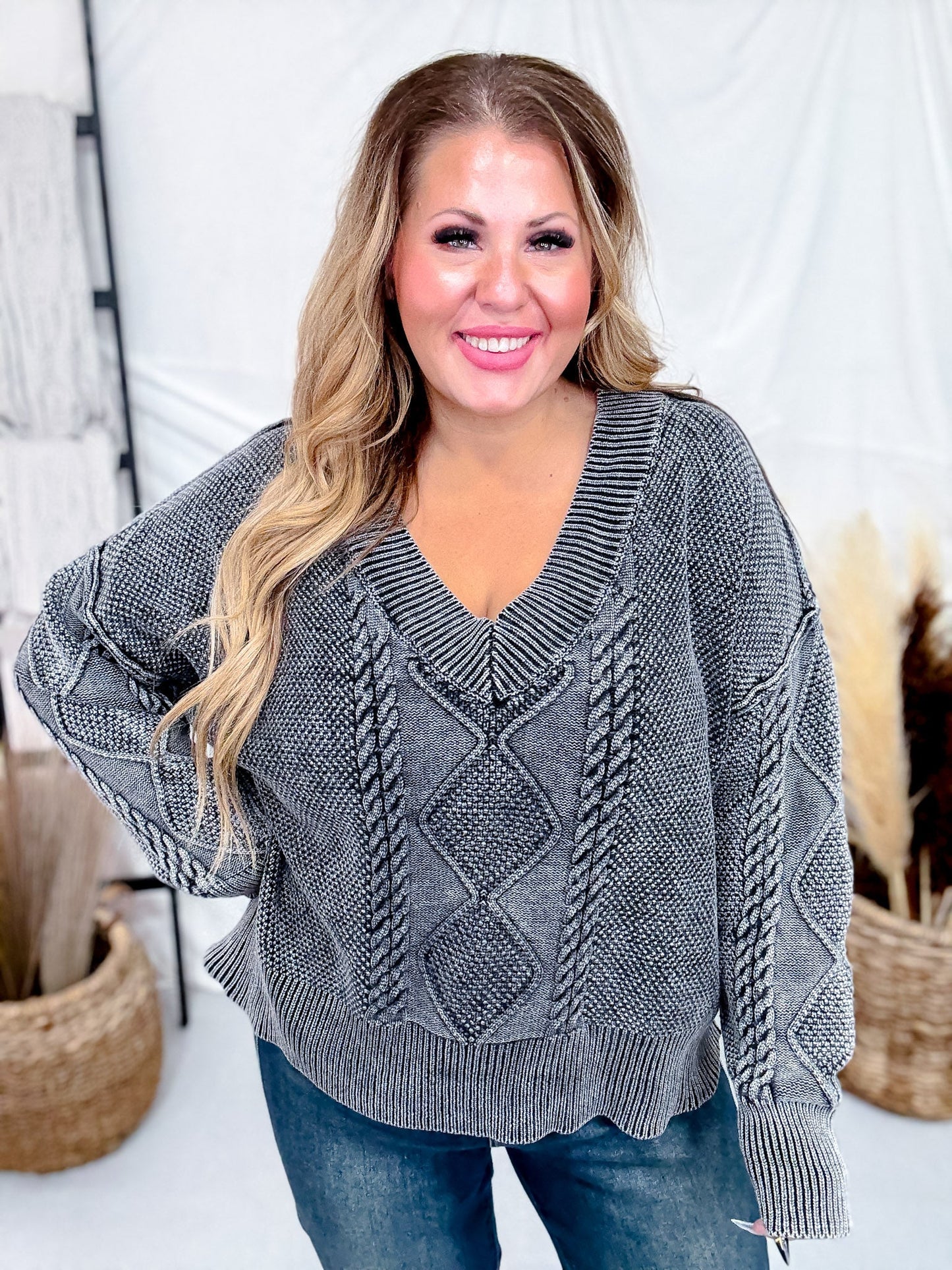 Charcoal Gray Vintage Vibe Cable Knit Sweater - Whiskey Skies - SWEET GENERIS