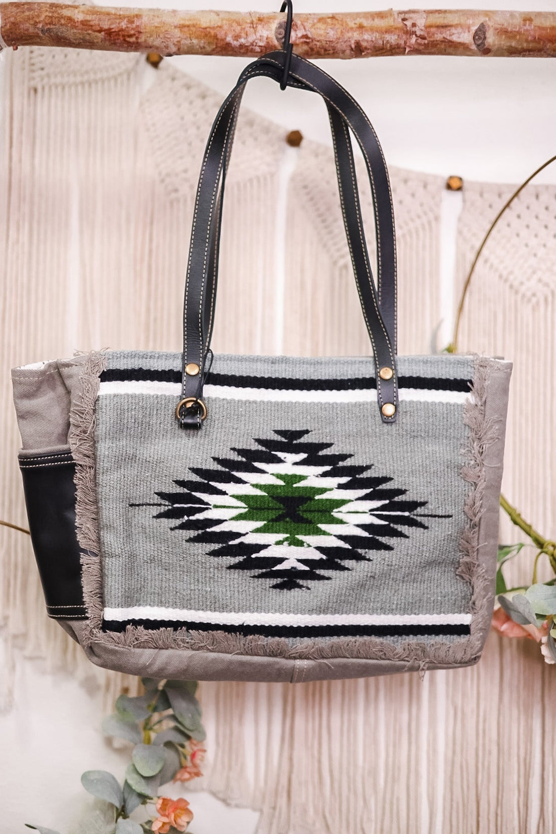Charcoal Grey Aztec Print Tote - Whiskey Skies - MYRA BAGS