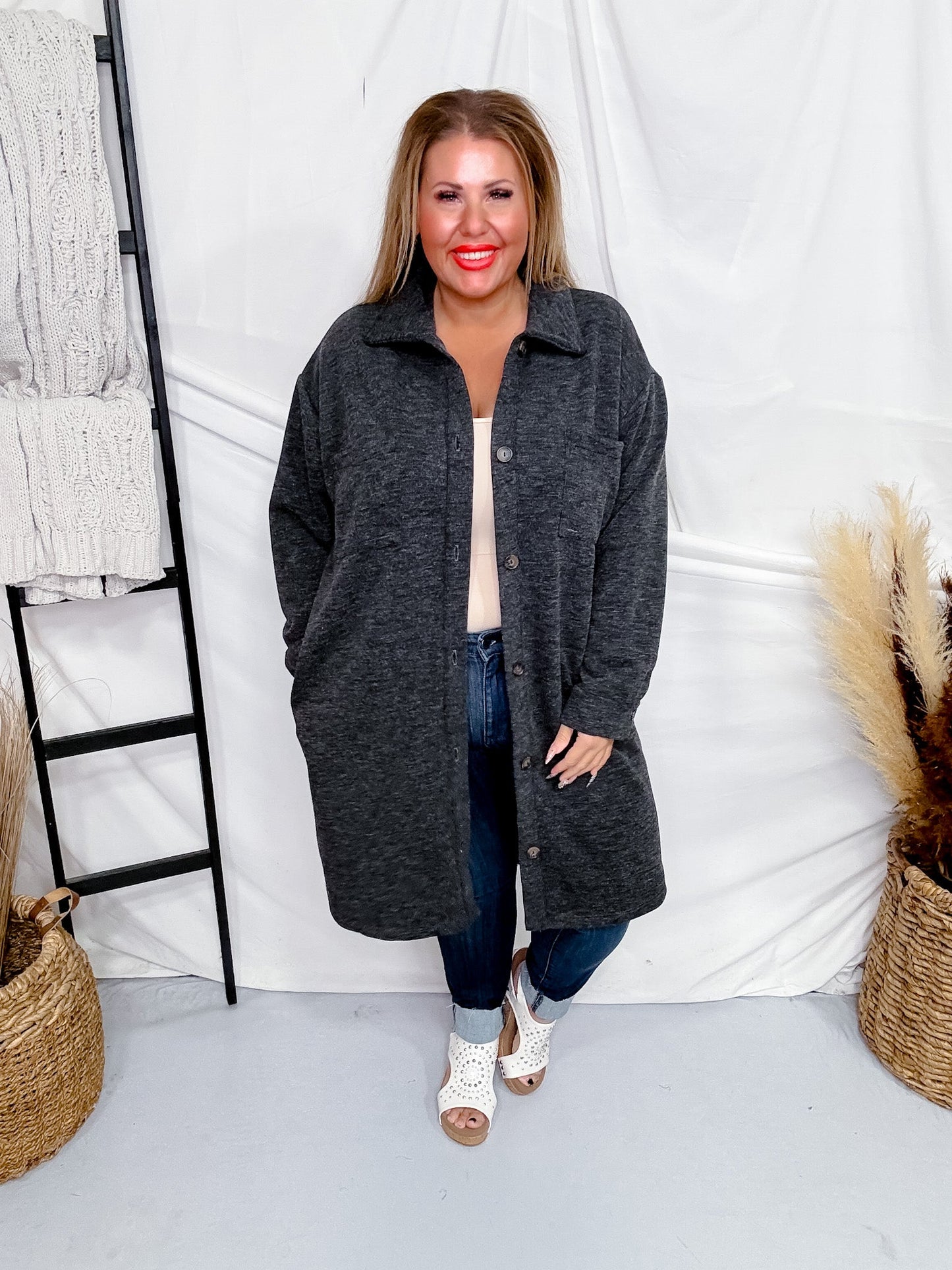 Charcoal Long Button Front Cardigan - Whiskey Skies - STYLIVE